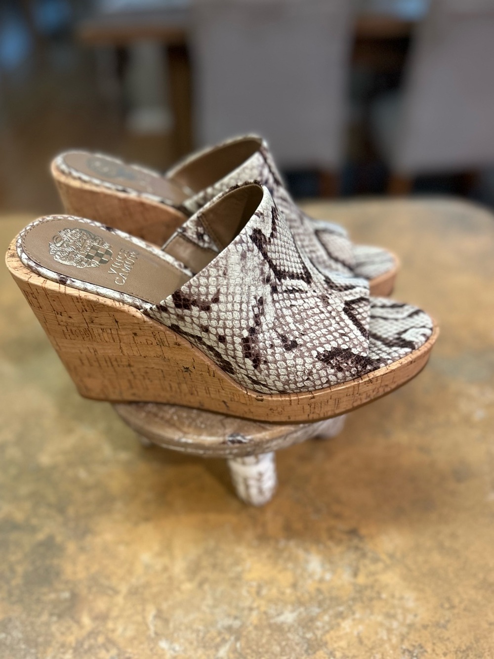 Vince Camuto Chaison Platform Wedge Slide Snakeskin Print in Brown and Cream - Picture 2 of 8